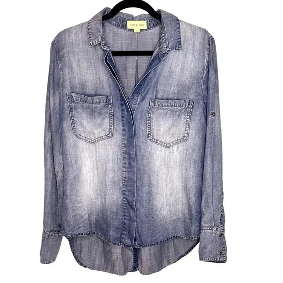 Cloth & Stone Chambray Faded Distressed High Low  Top-Blue-Split Back Hem-Size M - Picture 1 of 8
